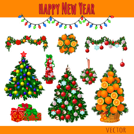 Great vector set of Christmas decorations, trees and giftsのイラスト素材