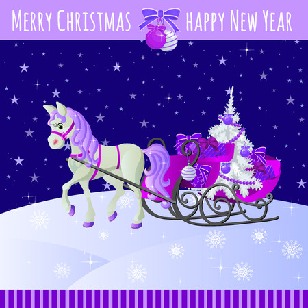 Purple card with horse and sled with giftsのイラスト素材
