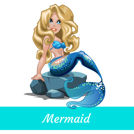 Mermaid girls with blond hair sitting on the stone, vector characterのイラスト素材