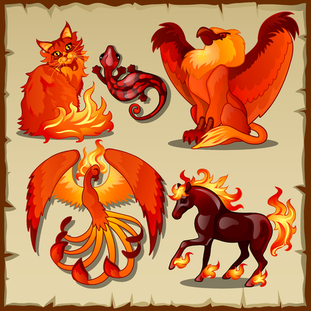 Vector set of the eternal symbols of fire and simply animalsのイラスト素材