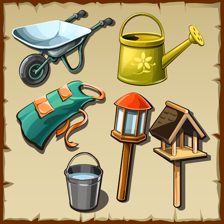 Garden tools and decorations on the plot, big vector setのイラスト素材