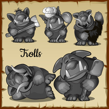 Figurines scary funny trolls in a variety of five roles, vector setのイラスト素材
