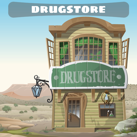 Old two-story pharmacy in the wild West, vector houseのイラスト素材