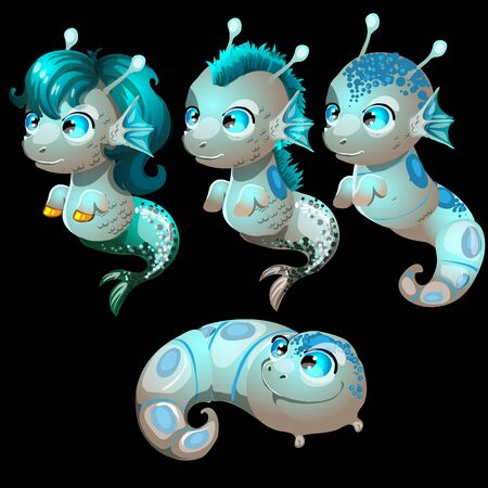 Set of four unusual cute aliens fish with blue eyesのイラスト素材