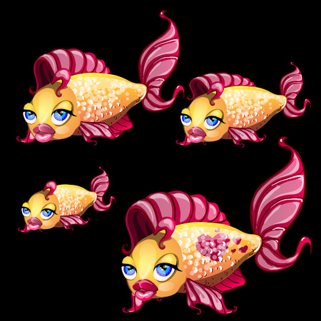 Cute yellow vector fish with lips-bow and blue eyesのイラスト素材