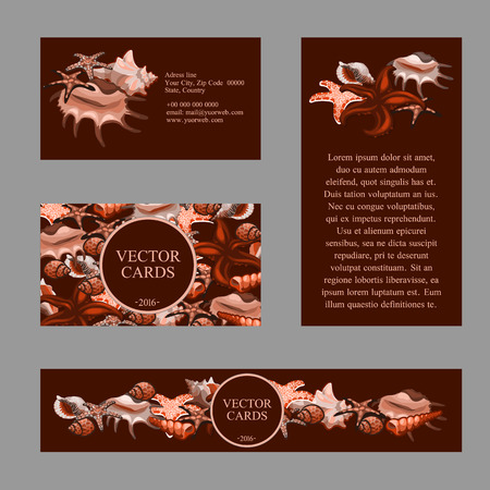 Four cards with images of starfish and seashells and some example text in the color Sepiaのイラスト素材