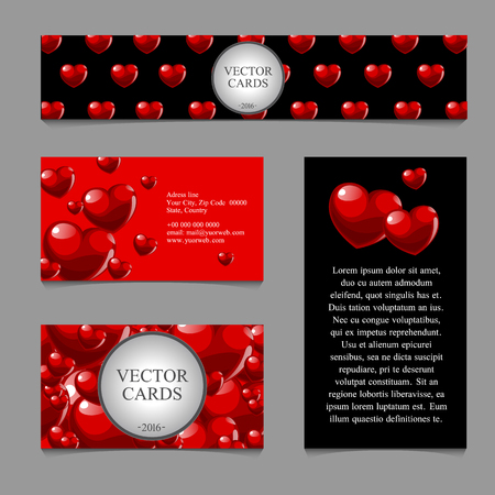 Four cards with the volumetric texture of hearts and sample text on a black and red backgroundのイラスト素材