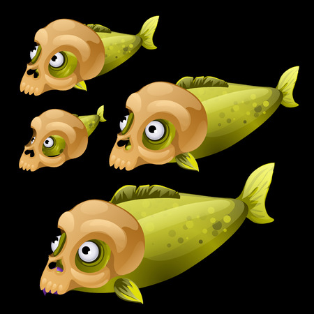 Set of four green fish with skull on a black backgroundのイラスト素材