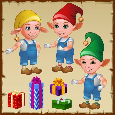 Three dwarf with gifts, cartoon vector charactersのイラスト素材