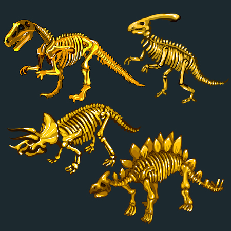 Golden skeletons of various species dinosaurs, four imagesのイラスト素材