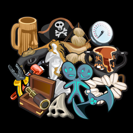 Set of pirate accessories, tools and toys on a black backgroundのイラスト素材