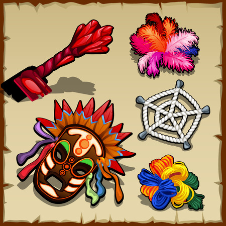 Vector set of magic paraphernalia, key, ropes, and networkのイラスト素材