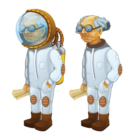 Bald scientist with diving and without it, cartoon characterのイラスト素材