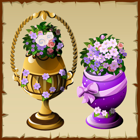 Two vases with flowers in different style, cartoon vectorのイラスト素材