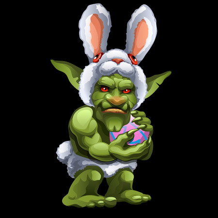Funny green Troll in Bunny suit with ball, cartoon characterのイラスト素材