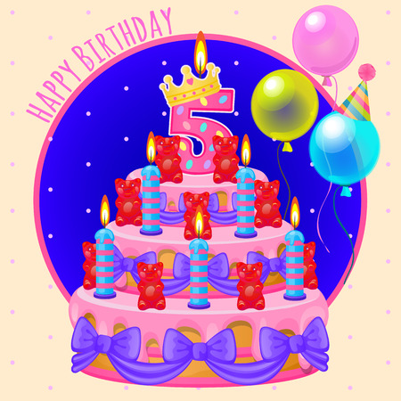 Holiday cake with candles and balloons greeting card happy birthdayのイラスト素材
