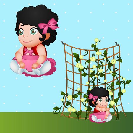 Brunette girl and flowers, vector character in nature backgroundのイラスト素材