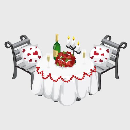 Table for a romantic dinner, champagne, flowers and candlesのイラスト素材