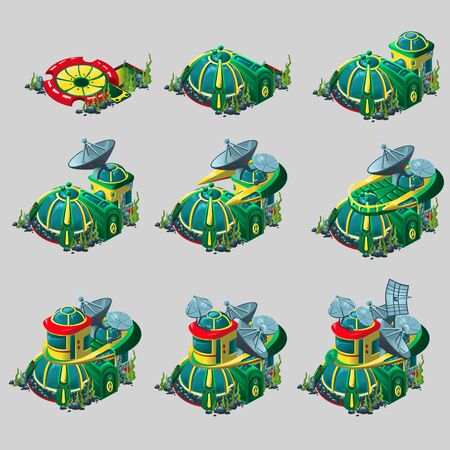 Nine icons of the construction underwater research station with with satelliteのイラスト素材