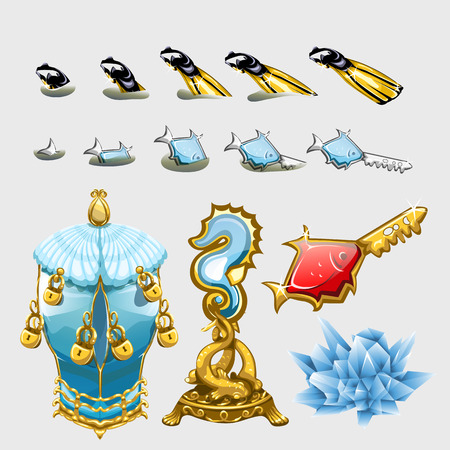 Marine set, fishes with keys, divers fins and underwater treasuresのイラスト素材