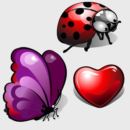 Heart, purple butterfly and funny ladybug, three vector imageのイラスト素材