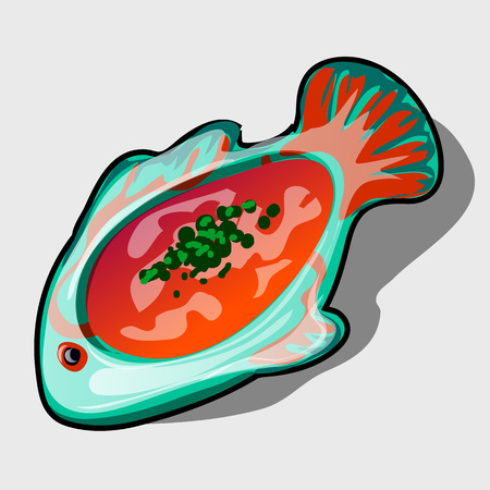 Dish in the shape of fish with tomato soup, icon closeup for menu, website design, and other design needsのイラスト素材