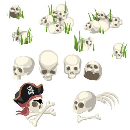 Many human skulls and bones and pirate symbols, cartoony style imageのイラスト素材