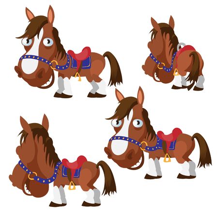 Brown horse in harness with different angles, cartoon animalのイラスト素材