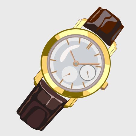Classic mens watch with brown strap and gold dial, single vector imageのイラスト素材