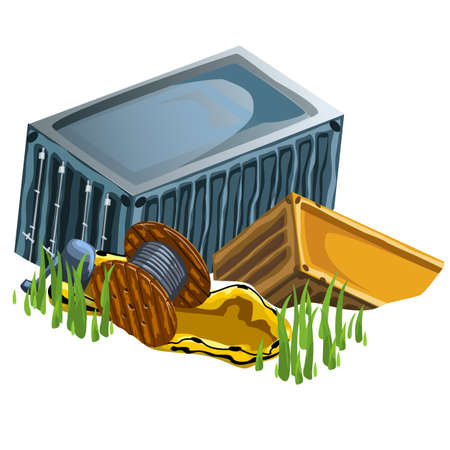 Boxes, coil and rubber boat, the objects from the scene of the crashのイラスト素材