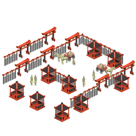 Scene creator, Chinese pavilions, soldiers and carts with horsesのイラスト素材