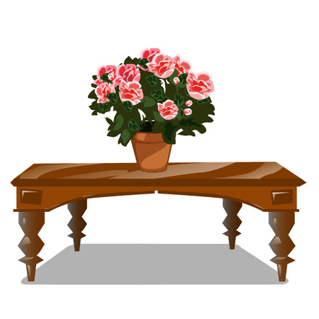 Classic wooden table with pot with bouquet of flowers, vector image isolatedのイラスト素材