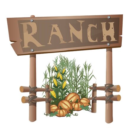 Entrance to the ranch, sign with text and harvest of corn and pumpkinsのイラスト素材