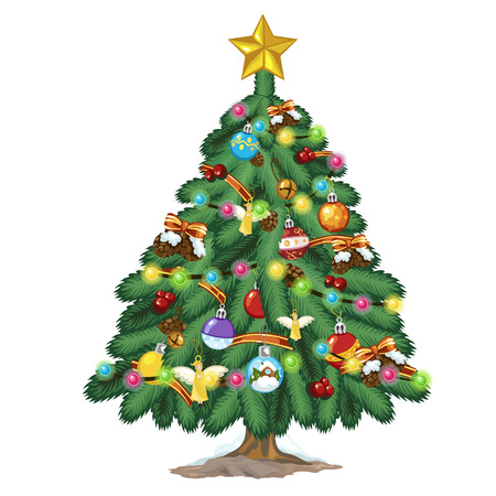 Christmas tree with colorful toys and gold star on top. Vector illustrationのイラスト素材