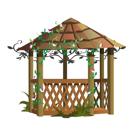 Cozy wooden gazebo with flowers, decor for landscapeのイラスト素材