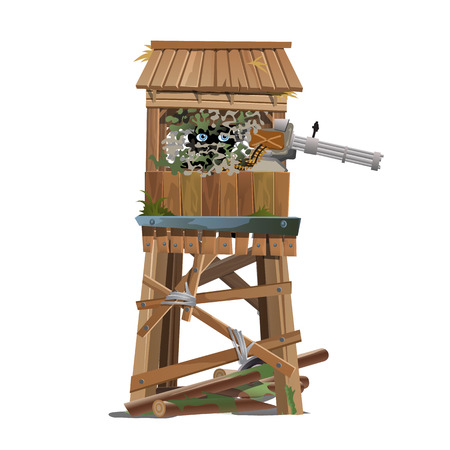 Observation tower with the machine gunner. Vector illustrationのイラスト素材