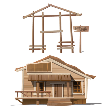 Process of building house, finished building and sign saleのイラスト素材