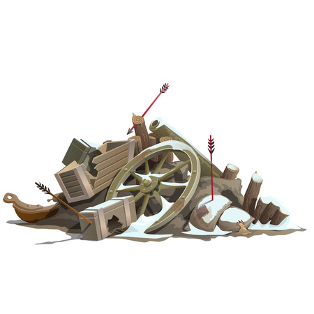 Broken to pieces wooden truck, attack of Indians. Vector illustrationのイラスト素材