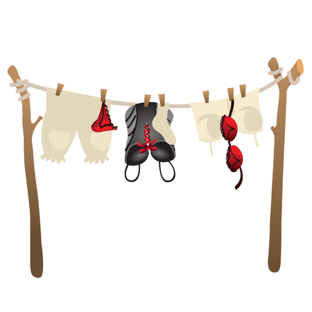 Womens underwear drying on rope outdoors. Vector illustrationのイラスト素材