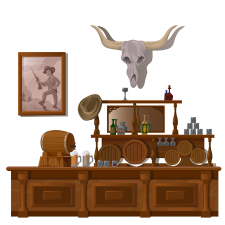 Bar in wild West style, with skull of bull, barrels of beer and bottles of alcoholのイラスト素材