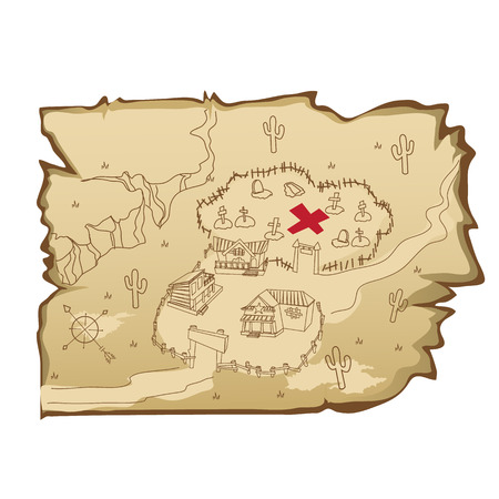 Old map in wild West style with village and cemetery, cartoon illustrationのイラスト素材