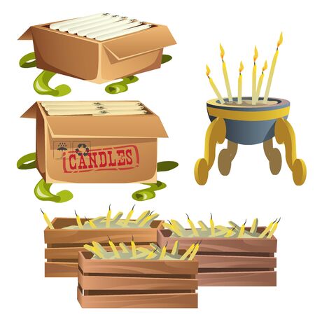 Boxes of church candles and chandelier, vector setのイラスト素材