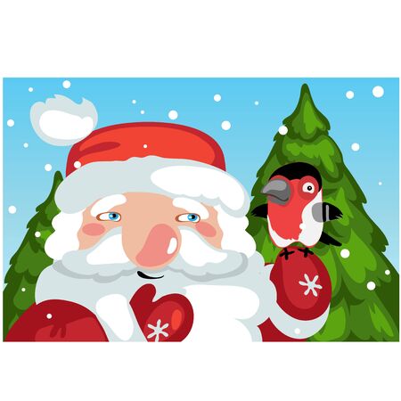 Cartoon Santa Claus with bird and Christmas on background, holiday cardのイラスト素材