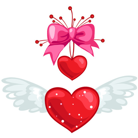 Red heart with wings and pink bow with heart, vector isolatedのイラスト素材