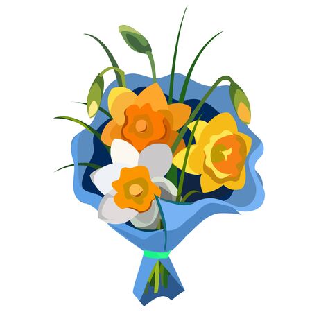 Gift bouquet of flowers in blue package, vector flowersのイラスト素材