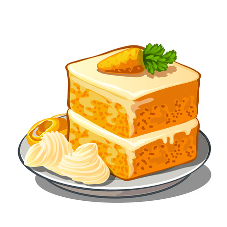 Delicious piece of carrot cake on plate with cream and a little carrot on top. Vector dessert isolated. Food illustrationのイラスト素材