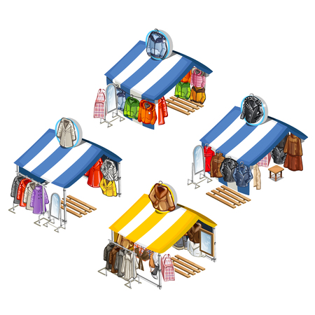 Place for street sales of jackets and fur coats. Isometric vector illustrationのイラスト素材