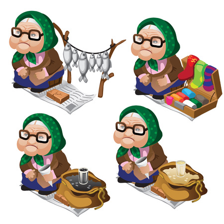 Old women are engaged in street vending. Vector illustration characterのイラスト素材