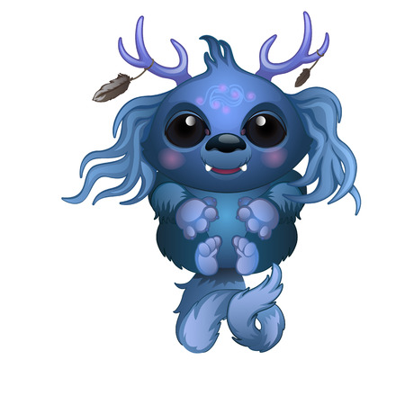 Cute smiling blue monster with horns and big eyes. Vector fairy tale character. Illustration isolatedのイラスト素材