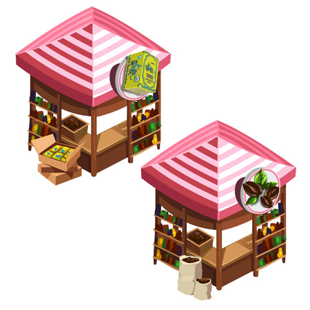 Two kiosk selling coffee and Indian tea. Isometric vector illustration on a white backgroundのイラスト素材